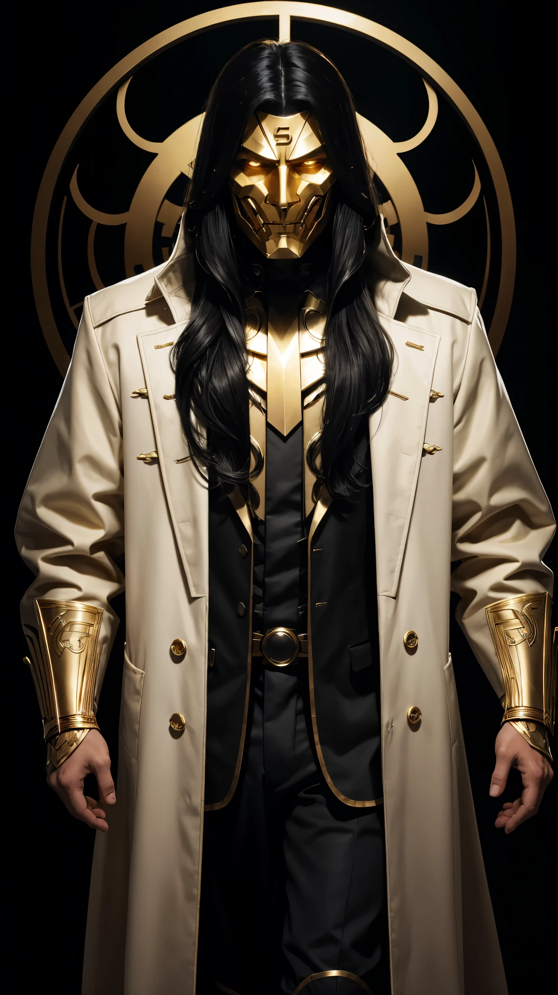 A man with long black hair wearing a golden mask wearing a white scientist's coat with gold details from the mysterious 8k supervillain.