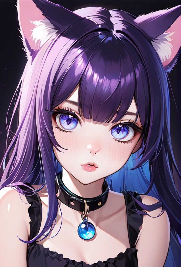 1girl, cat nose, cat ears, cat tail, long hair, bangs, purple hair, gorgeous blue eyes, big eyes, eyeliner, long lashes, soft and full lips, collar, miniskirt, black top 