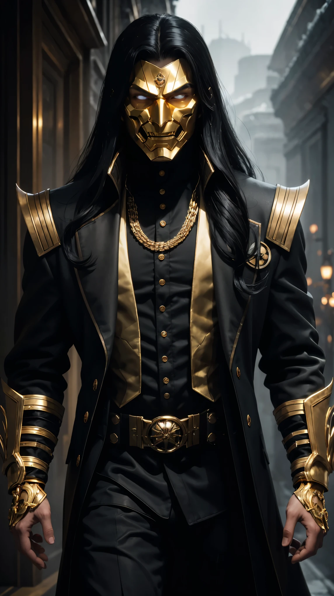 A man with long black hair wearing a golden mask wearing a white scientist's coat with gold details from the mysterious 8k supervillain.