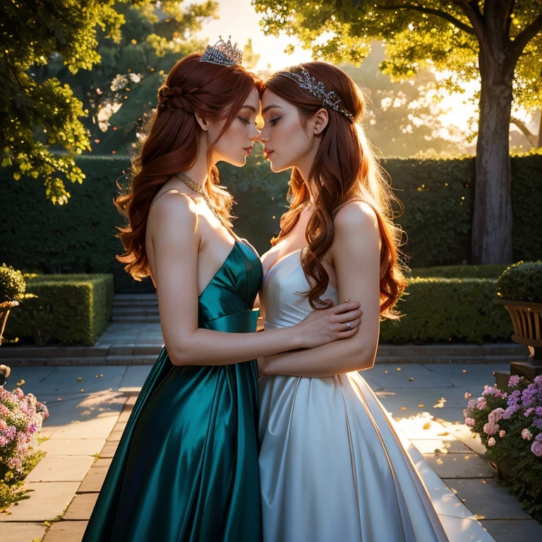 (masterpiece, best quality:1.5), highest quality, High resolution, super detailed, Realists, Upper body photo of red-haired woman, detailed and beautiful eyes, beautiful detailed lips, very detailed eyes and face, longeyelashes, Woman in shiny blue satin evening dress, Beautiful and colorful makeup, long hairstyle, elegant and noble々Pose,shiny crown and jewels, Gardens as background, soft daylight, bright colors, fine brushstrokes, Portrait style, Noble details in the dress fabric, beautiful color palette, glowing skin, First-class rendering, that captures every detail, enchanting atmosphere, subtle shadows and lights, (perfect anatomy:1.2), (Two stunning women are deeply in love:1.4), (kiss:1.2), (magnificent panorama view:1.2)