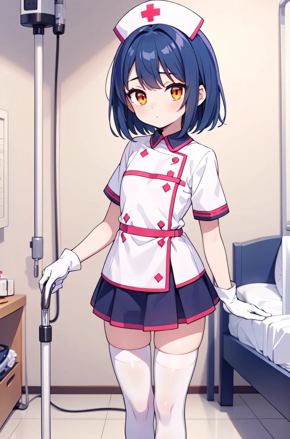 1boy, solo, male focus, nurse, white nurse cap, white nurse uniform, ((white legwear, zettai ryouiki)), white gloves, bobcut, blue hair, orange eyes, no impression, standing, ((hospital room)), sharp outline, short sleeves, shota, , best quality, masterpiece