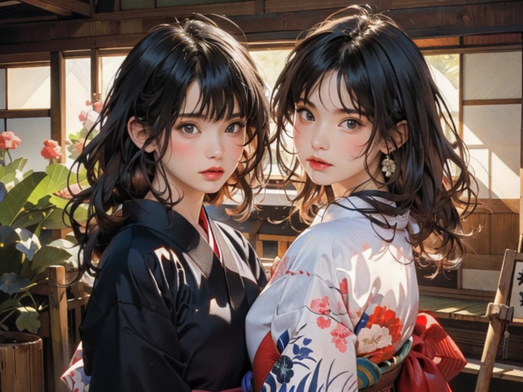 (highest quality、8k、32k、masterpiece)、(masterpiece, up to date,Exceptional:1.2), Anime, One girl,Front hair,black_hair, Beautiful 8k eyes,Looking_in_Audience,One person in,Are standing,((Very beautiful woman, Fuller lips, Japanese pintern kimono))、((Colorful Japanese kimono)))、(((Medium Shot)))、Blunt bung、(High resolution)、Very beautiful face and eyes、1 girl 、Round and small face、Narrow waist、delicine body、(highest quality high detail Rich skin details)、(highest quality、8k、Oil paints:1.2)、Very detailed、(Realistic、Realistic:1.37)、Bright colors、(((blackhair)))、(((longhair)))、(((cowboy pictures)))、((( Inside an old Japanese house)))、(masterpiece, highest quality, highest quality, Official Art, beautifully、aesthetic:1.2), (One girl), Very detailedな,(Fractal Art:1.3),colorful,Most detailed,Sengoku period(High resolution)、Very beautiful face and eyes、1 girl 、Round and small face、Tight waist、Delicine body、(highest quality high detail Rich skin details)、(highest quality、8k、Oil paints:1.2)、(Realistic、Realistic:1.37)、Greg Rutkowski Written by Alphonse Mucha Ropp, sun lips