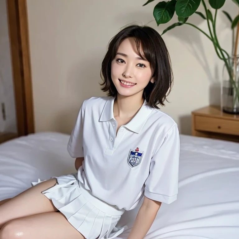 (Masterpiece, Best quality: 1.2), (Aerial shot: 1.3), (From side: 1.3), Looking at viewer, Natural light, 30 years old actress, Japanese women, Neat and clean, ((Wearing white tennis uniform, White polo shirt with collar, Not buttoning the polo shirt, White tennis Skirt, White pleated mini skirt: 1.2)), (High ponytail: 1.2) Medium wavy hair, (Beautiful Face), Glossy brown hair color, clear, (Beautiful detailed eyes, Kind eyes), (Clear skin), Small face, Beautiful small mouth, Natural makeup, Approachable, Hotel rooms, On bed, White socks, Seductive smile, Seductive pose, spread legs,
