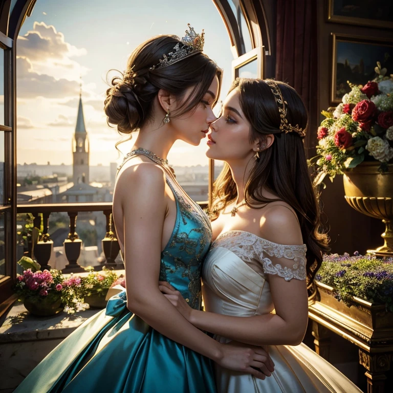 (​masterpiece, best quality:1.5), highest quality, High resolution, super detailed, Realists, Upper body photo of brunette woman, detailed and beautiful eyes, beautiful detailed lips, very detailed eyes and face, longeyelashes, Woman in shiny blue satin evening dress, Beautiful and colorful makeup, long hairstyle, elegant and noble々Pose,shiny crown and jewels, Gardens as background, soft daylight, bright colors, fine brushstrokes, Portrait style, Noble details in the dress fabric, beautiful color palette, glowing skin, First-class rendering, that captures every detail, enchanting atmosphere, subtle shadows and lights, (perfect anatomy:1.2), (Two stunning women are deeply in love:1.4), (kiss:1.2), (magnificent panorama view:1.2)