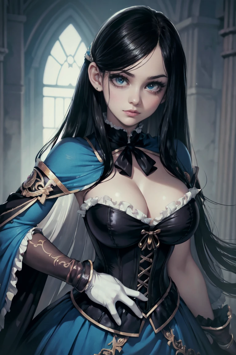 1 girl, rogue trader, black hair, robes, medium breasts, smug expression, sash, upper body, inside a palace, 8k, sharp focus, bright blue eyes, jewelry, frilly baroque dress, ascot, embroidery, black eyeliner, runny eyeliner, gloves, corset, 1700s style clothing, bangs over eyes, long hair
