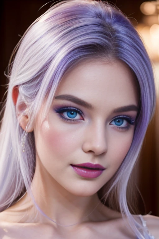 (Masterpiece, Top Quality, Best Quality, Official Art: 1.2), (1 woman), Full portrait of the most beautiful, sexy ethereal woman with snow-white hair, pastel highlights, framing a face of extreme detail and elegance. Frosty blue eyes are adorned with blue eyeshadow, complementing the blue jewels on her forehead. Long lashes and double eyelids are accentuated with dark purple mascara. Rosy cheeks add a touch of warmth to her ethereal beauty, and her glossy skin shines in the cinematic light, highlighting each and every realistic pore and wrinkle. Full sexy lips, painted with purple lipstick, complement,highly detailed  face, detailed face, perfect proportions, well-proportioned body of six heads, huge breasts, thin waist, navel, big butt , crotch gap, large thighs,