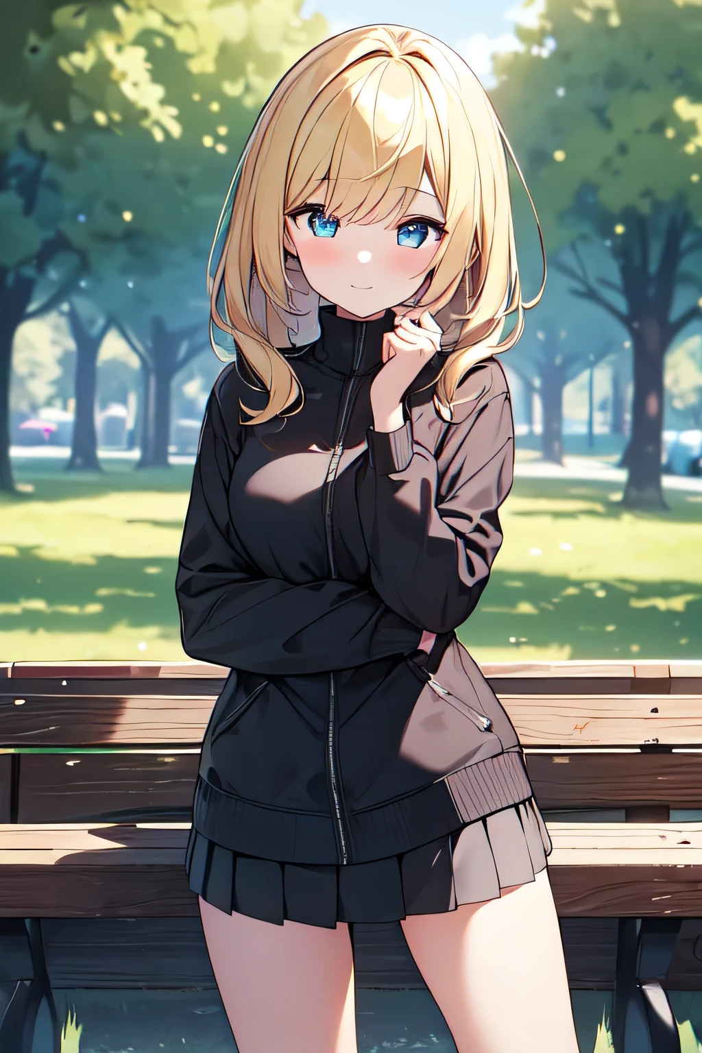 masterpiece,(High-quality depth maps:1.1), Highest quality, Very detailed,unity 8k wallpaper,crisp,(change:1.2),(Beautiful Eyes), ((cute)), cute, (Lovely), ((sexy)), (device),
(Ultra-detailed), (Best illustrations), (Best Shadow),whole body,A girl in a miniskirt being interviewed in the park.Blonde、