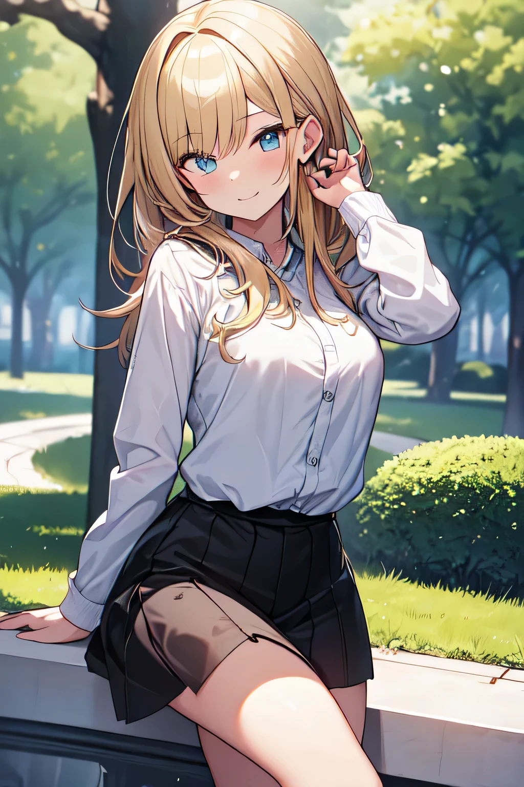 masterpiece,(High-quality depth maps:1.1), Highest quality, Very detailed,unity 8k wallpaper,crisp,(change:1.2),(Beautiful Eyes), ((cute)), cute, (Lovely), ((sexy)), (device),
(Ultra-detailed), (Best illustrations), (Best Shadow),whole body,A girl in a miniskirt being interviewed in the park.Blonde、