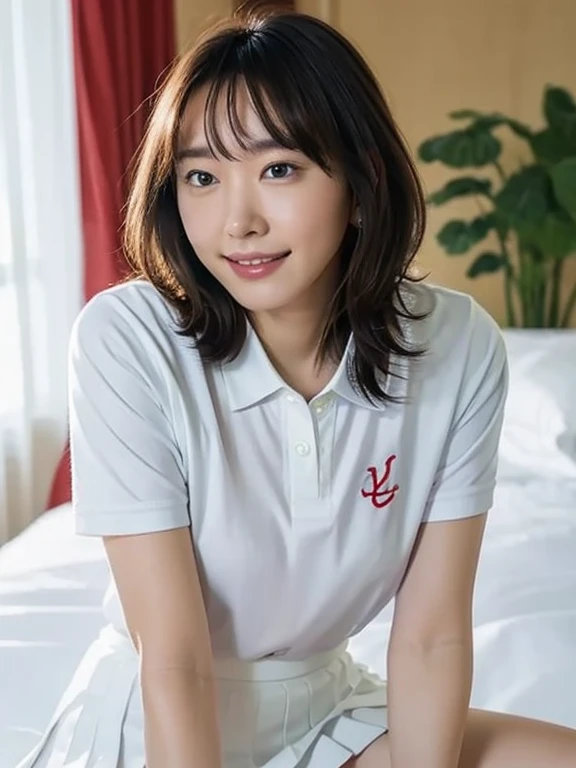 (Masterpiece, Best quality: 1.2), (Aerial shot: 1.3), (From side: 1.3), Looking at viewer, Natural light, 30 years old actress, Japanese women, Neat and clean, ((Wearing white tennis uniform, White polo shirt with collar, Not buttoning the polo shirt, White tennis Skirt, White pleated mini skirt: 1.2)), (High ponytail: 1.2) Medium wavy hair, (Beautiful Face), Glossy brown hair color, clear, (Beautiful detailed eyes, Kind eyes), (Clear skin), Small face, Beautiful small mouth, Natural makeup, Approachable, Hotel rooms, On bed, White socks, Seductive smile, Seductive pose, spread legs,