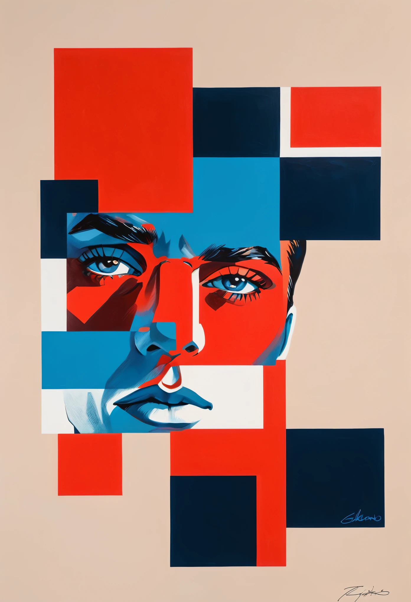 Create a contemporary portrait of a man with sharp features, using a bold and graphic style. Use vibrant, contrasting colors with a strong emphasis on red and blue hues. The background should be a neutral, pale beige or light peach color. The face should be at a slight angle, with clean lines and blocks of color to define the facial structure. Ensure the expression is intense, and the overall composition has a modern, pop-art feel. The painting should capture the interplay between light and shadow with striking contrasts.