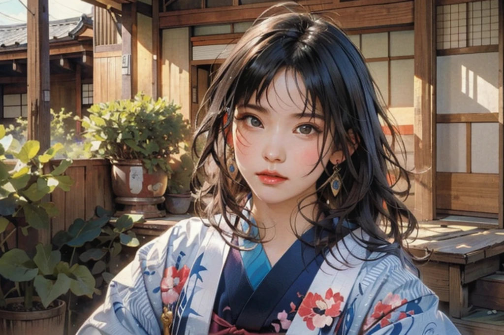 (highest quality、8k、32k、masterpiece)、(masterpiece, up to date,Exceptional:1.2), Anime, One girl,Front hair,black_hair, Beautiful 8k eyes,Looking_in_Audience,One person in,Are standing,((Very beautiful woman, Fuller lips, Japanese pintern kimono))、((Colorful Japanese kimono)))、(((Medium Shot)))、Blunt bung、(High resolution)、Very beautiful face and eyes、1 girl 、Round and small face、Narrow waist、delicine body、(highest quality high detail Rich skin details)、(highest quality、8k、Oil paints:1.2)、Very detailed、(Realistic、Realistic:1.37)、Bright colors、(((blackhair)))、(((longhair)))、(((cowboy pictures)))、((( Inside an old Japanese house)))、(masterpiece, highest quality, highest quality, Official Art, beautifully、aesthetic:1.2), (One girl), Very detailedな,(Fractal Art:1.3),colorful,Most detailed,Sengoku period(High resolution)、Very beautiful face and eyes、1 girl 、Round and small face、Tight waist、Delicine body、(highest quality high detail Rich skin details)、(highest quality、8k、Oil paints:1.2)、(Realistic、Realistic:1.37)、Greg Rutkowski Written by Alphonse Mucha Ropp, sun lips