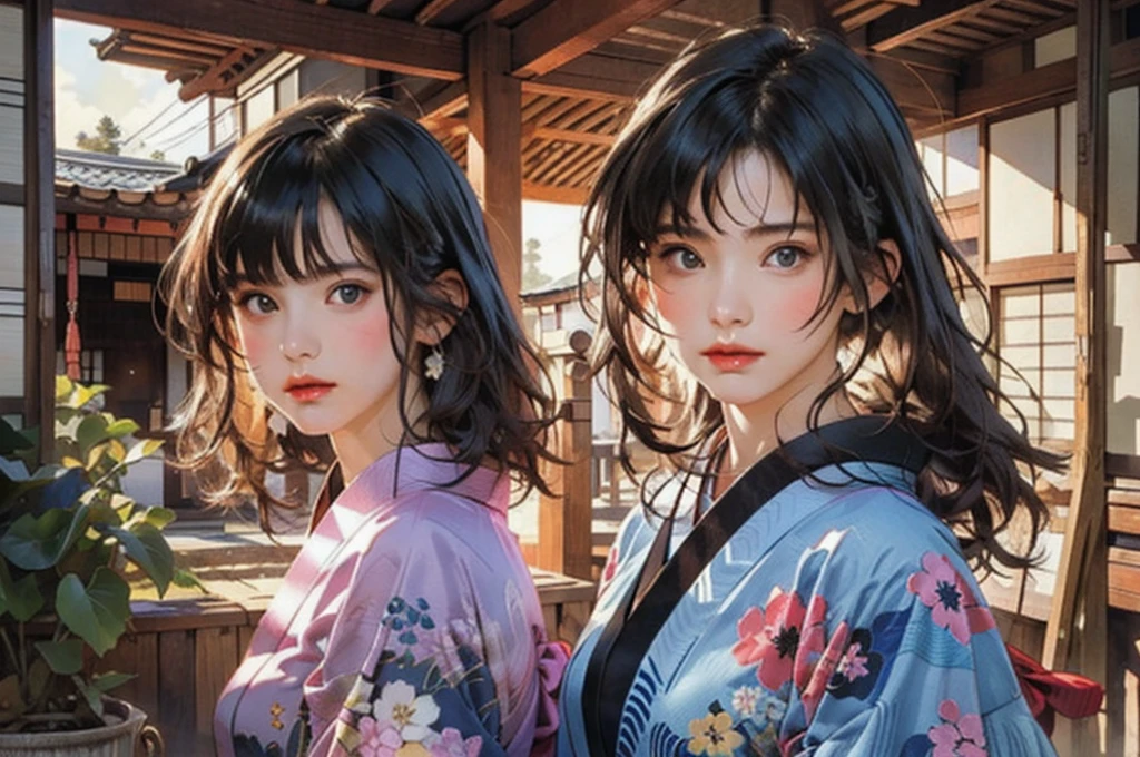(highest quality、8k、32k、masterpiece)、(masterpiece, up to date,Exceptional:1.2), Anime, One girl,Front hair,black_hair, Beautiful 8k eyes,Looking_in_Audience,One person in,Are standing,((Very beautiful woman, Fuller lips, Japanese pintern kimono))、((Colorful Japanese kimono)))、(((Medium Shot)))、Blunt bung、(High resolution)、Very beautiful face and eyes、1 girl 、Round and small face、Narrow waist、delicine body、(highest quality high detail Rich skin details)、(highest quality、8k、Oil paints:1.2)、Very detailed、(Realistic、Realistic:1.37)、Bright colors、(((blackhair)))、(((longhair)))、(((cowboy pictures)))、((( Inside an old Japanese house)))、(masterpiece, highest quality, highest quality, Official Art, beautifully、aesthetic:1.2), (One girl), Very detailedな,(Fractal Art:1.3),colorful,Most detailed,Sengoku period(High resolution)、Very beautiful face and eyes、1 girl 、Round and small face、Tight waist、Delicine body、(highest quality high detail Rich skin details)、(highest quality、8k、Oil paints:1.2)、(Realistic、Realistic:1.37)、Greg Rutkowski Written by Alphonse Mucha Ropp, sun lips