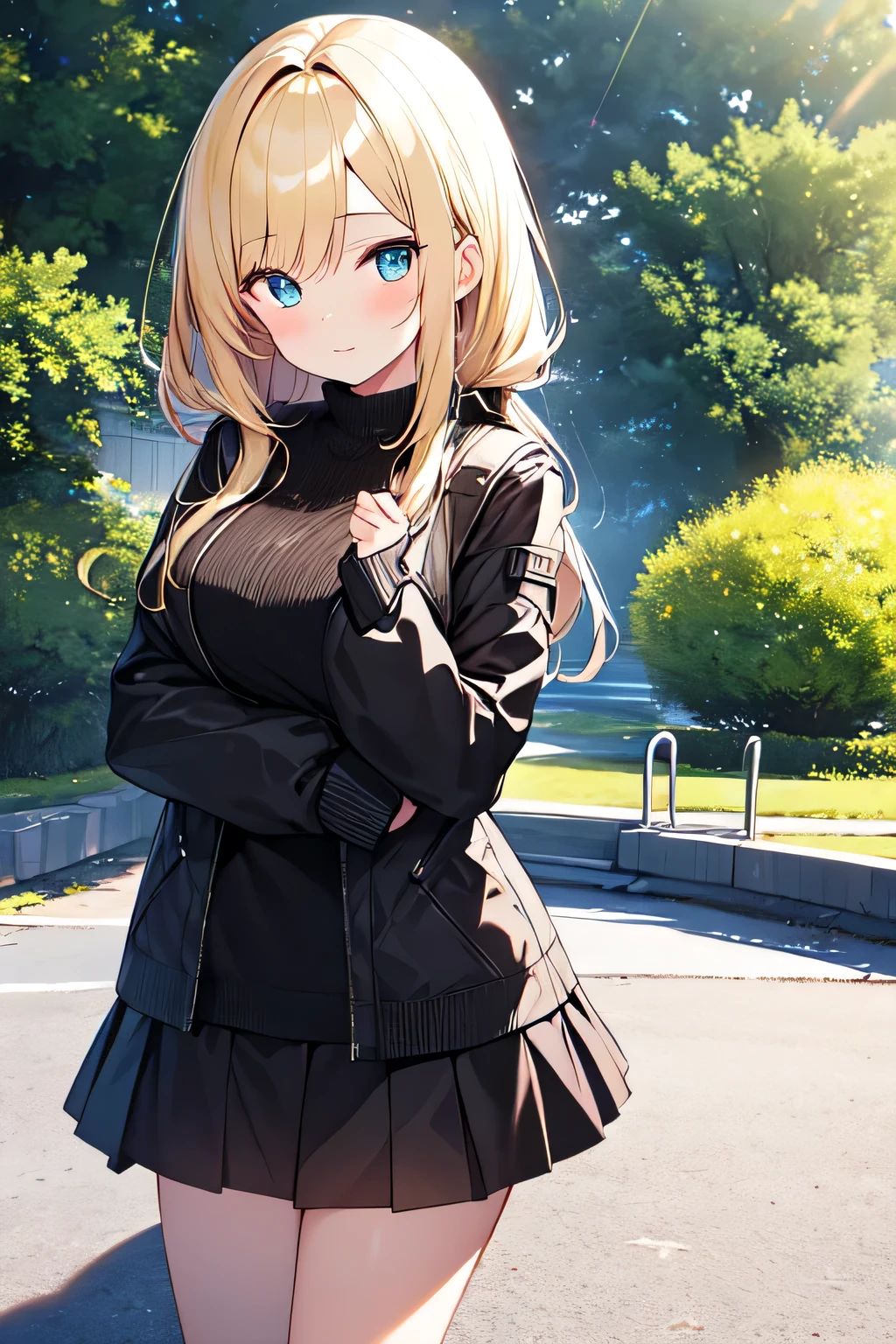 masterpiece,(High-quality depth maps:1.1), Highest quality, Very detailed,unity 8k wallpaper,crisp,(change:1.2),(Beautiful Eyes), ((cute)), cute, (Lovely), ((sexy)), (device),
(Ultra-detailed), (Best illustrations), (Best Shadow),whole body,A girl in a miniskirt being interviewed in the park.Blonde、
