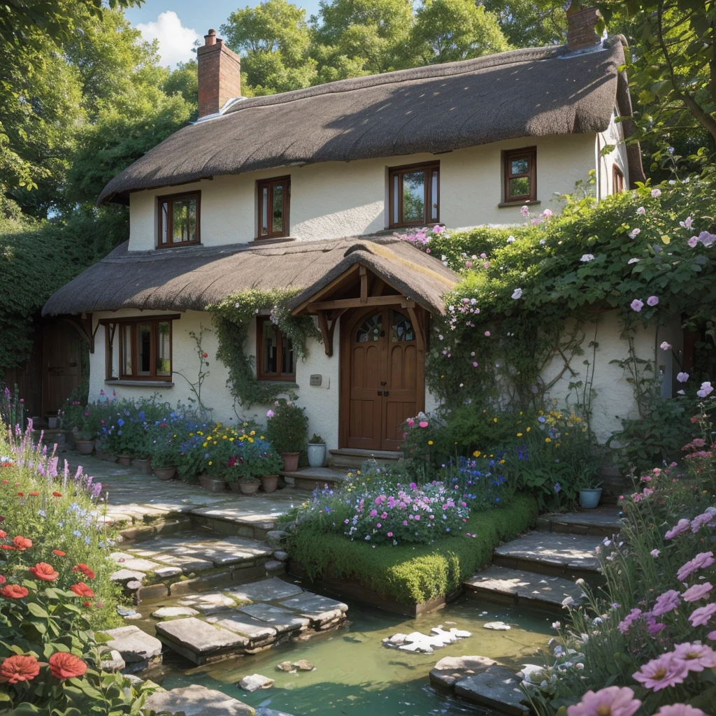 On a summer's day, little old whimsical cottage out of a fairytale, it has cream cracked walls, a thatched roof, dorma windows and wooden windows at front of house with flowers in window boxes, house has and old red door, sitting in a cottage garden alongside an overgrown forest path, with stream running past, Watercolor, trending on artstation, sharp focus, studio photo, intricate details, highly detailed, by greg rutkowski