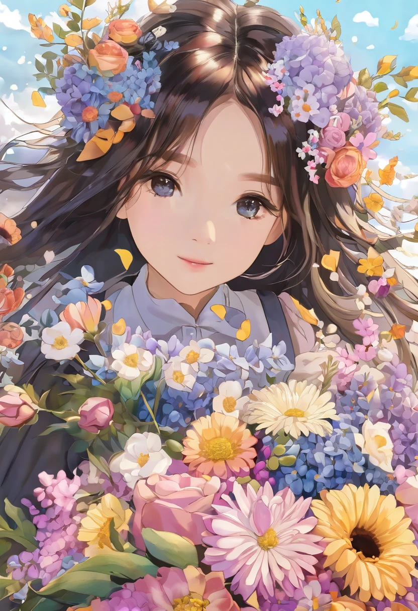 Close-up with a bouquet, Made of flowers少女, Girl in Flowers, Made of flowers, covered With flowers, With flowers, Carrying flowers, Full of flowers, Covered with flowers, Holding flowers, Cute artwork,