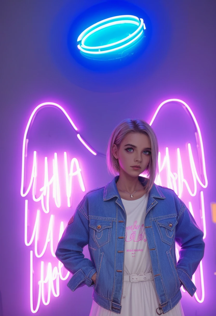 arafed woman in a white dress and denim jacket standing in front of a neon angel, neon wings, with neon lights, with neon signs, neon lights in background, neon lights in the background, girl with angel wings, wearing angel halo, with neon lighting, neon signs in background, wearing angel, angel halo, tron angel, neon lights all around, neon lit