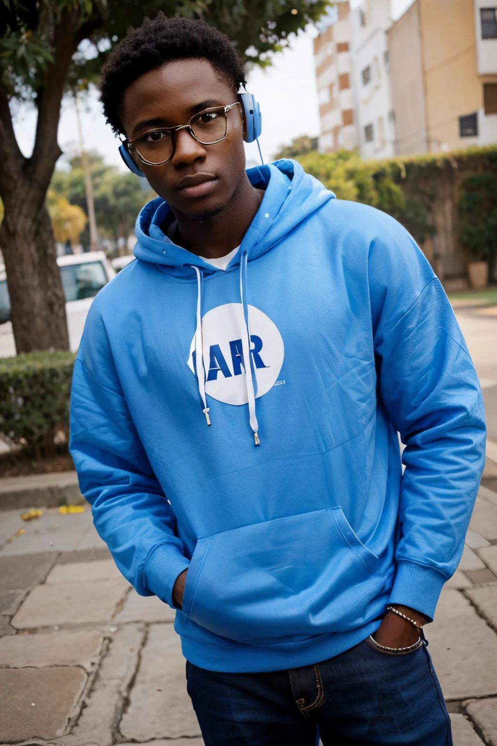 a 21 year old African boy, fair skin, wearing blue and white hoodie with headphones, and glasses