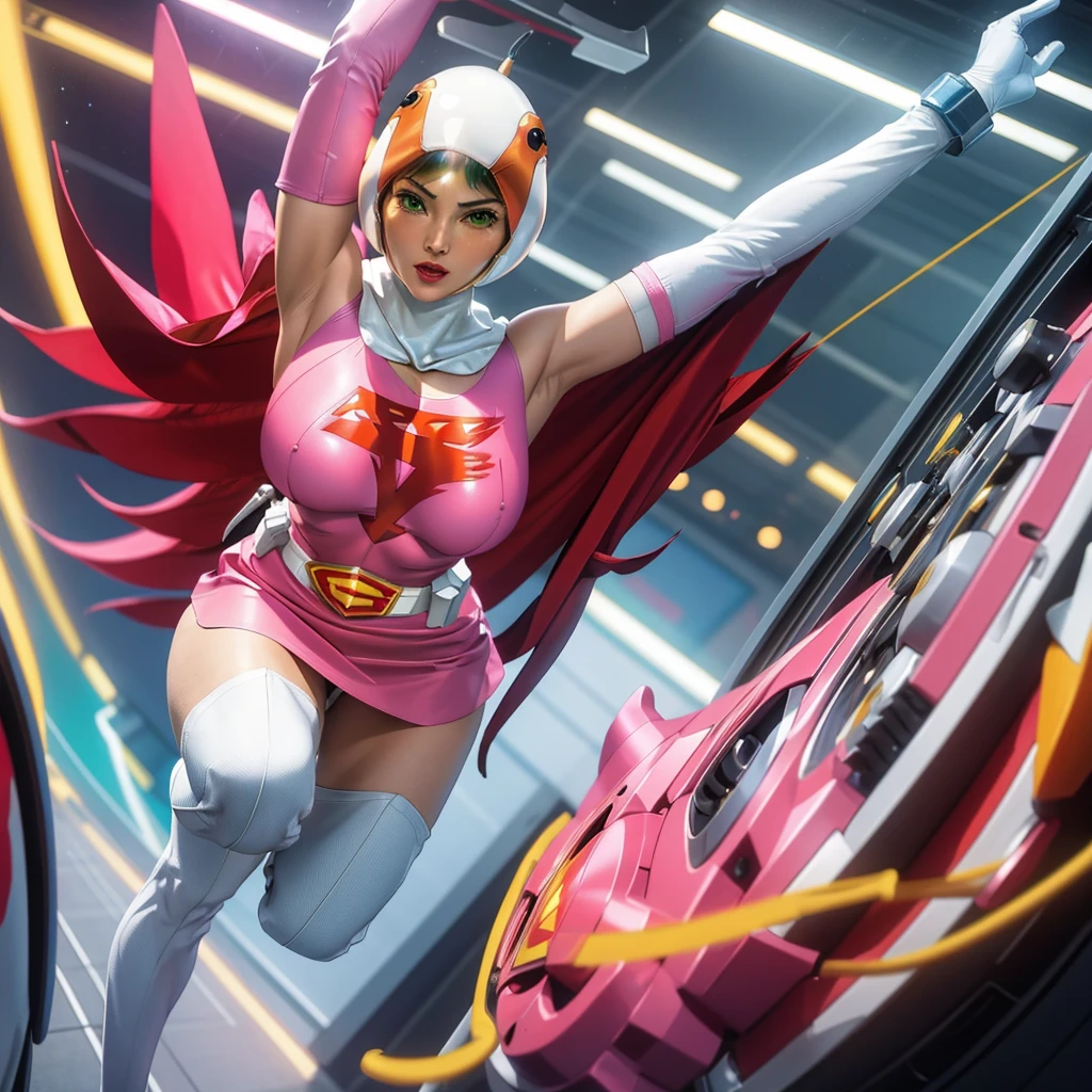 ANI_CLASSIC_jun_gatchaman_ownwaifu,1girl, ,good anatomy, masterpiece, best quality,realistic, hyperrealistic, 16k hdr,breasts,green eyes,lips,large breasts,lipstick,makeup,gloves,cape,helmet,belt,elbow gloves,white gloves,mask,ultra miniskirt,leotard,spacesuit,white tight overknee highheels boots,pink dress,superhero,bodysuit,cleavage,erected nipples,((jumping poses,arms up straight)),cameltoe