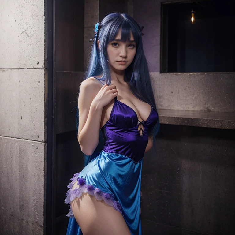 1 girl, Frederica Bernkastel, bangs, blue hair, blunt bangs, long hair, purple eyes, solo, fairy dress, low-cut, fairy