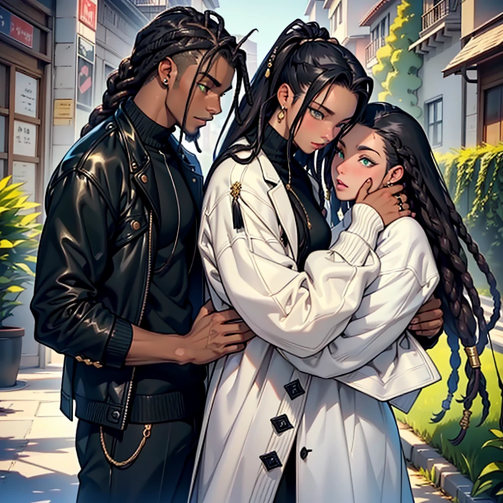 "Produce an anime-style image that celebrates love between black couples. The girl, skin black, skin black, skin black 1.5, with black leather and fine African braids, it has ((greeneyes)) charming. Your partner, {dark-skinned and haired: 1,5}, ((dreadlocks curtos)), has expressive white eyes. Both wear loose coats with gold details., adding a touch of sophistication. Set in a garden, the scene depicts passionate kisses between them. Convey the intensity of eternal love between these black lovers, highlighting their unique characteristics and the romantic connection they share. trench coat {((stylish sweaters, super trendy, super look))}".