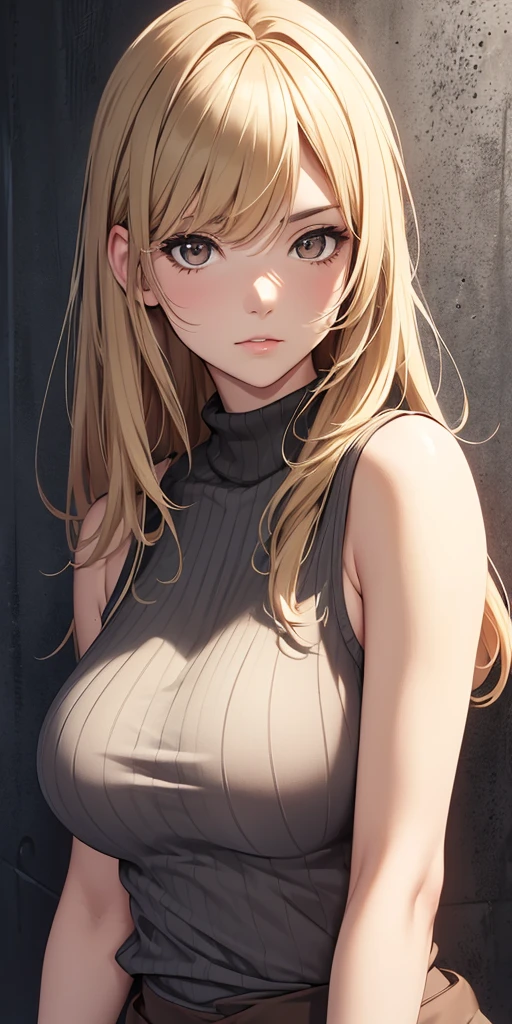 (best quality, highres), portrait, upper body, cool type adult woman, long hair, swept-side bangs, [[[brown hair]]], blonde hair, brown eyes, turtle neck tank top, big breast, plain wall, ultra detailed cg,
 