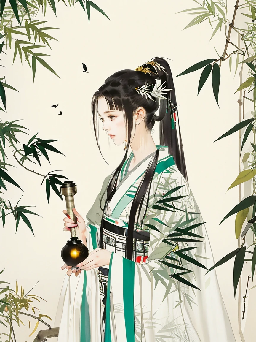 Close-up of a woman, In the bamboo forest, Black long hair, Ponytail, Green headdress, Holding a lantern, Bamboo leaves falling, Hazy, Green Hanfu,WuGuanZhong