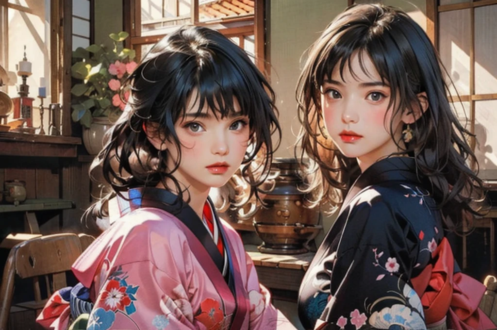 (highest quality、8k、32k、masterpiece)、(masterpiece, up to date,Exceptional:1.2), Anime, One girl,Front hair,black_hair, Beautiful 8k eyes,Looking_in_Audience,One person in,Are standing,((Very beautiful woman, Fuller lips, Japanese pintern kimono))、((Colorful Japanese kimono)))、(((Medium Shot)))、Blunt bung、(High resolution)、Very beautiful face and eyes、1 girl 、Round and small face、Narrow waist、delicine body、(highest quality high detail Rich skin details)、(highest quality、8k、Oil paints:1.2)、Very detailed、(Realistic、Realistic:1.37)、Bright colors、(((blackhair)))、(((longhair)))、(((cowboy pictures)))、((( Inside an old Japanese house)))、(masterpiece, highest quality, highest quality, Official Art, beautifully、aesthetic:1.2), (One girl), Very detailedな,(Fractal Art:1.3),colorful,Most detailed,Sengoku period(High resolution)、Very beautiful face and eyes、1 girl 、Round and small face、Tight waist、Delicine body、(highest quality high detail Rich skin details)、(highest quality、8k、Oil paints:1.2)、(Realistic、Realistic:1.37)、Greg Rutkowski Written by Alphonse Mucha Ropp, sun lips