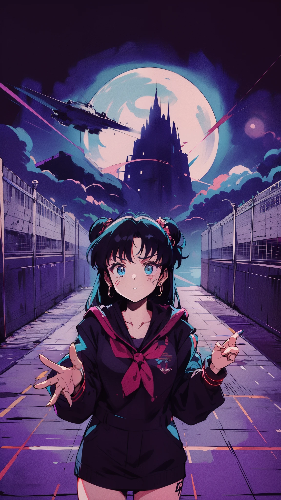 (high quality), (masterpiece), (detailed), 8K, Teenage girl stands frozen on (mystical pathway1.3), heart pounding as (shadowy figure1.3) blocks her path. Above, starship looms silently, girl makes desperate request for help, sensing imminent threat in eerie surroundings. (high quality), (masterpiece), (detailed), 8K, Anime style character with (cool and edgy tattoos1.3), dressed in (fashionable clothing1.2), posing confidently. Expression fierce, stylish accessory coiled around arm. Thicker outlines emphasize striking, modern fashion, vibrant palette enhances scene.