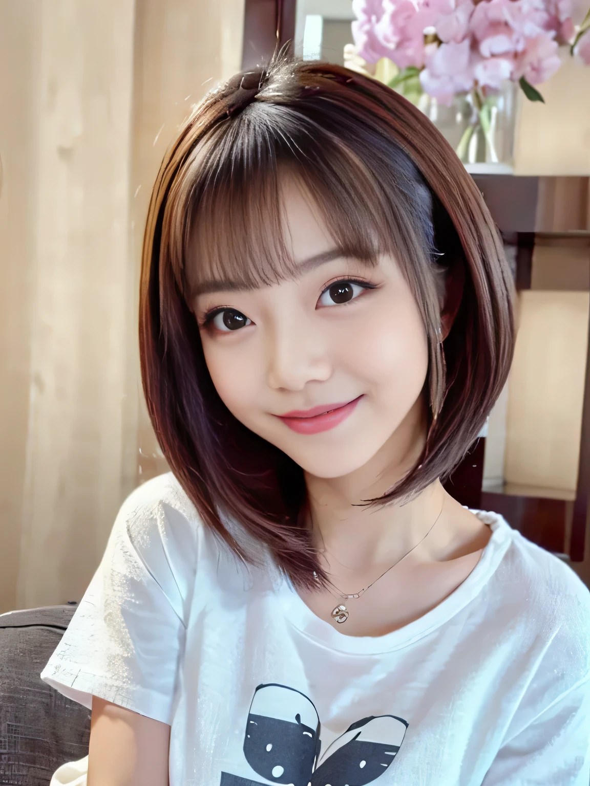 One Japanese woman、28 years old、Having at the camera、Looking at the camera、Open-mouthed smile、Plain T-shirt、Perfect Makeup、Thin eyebrows、Lip gloss、Border Depth、Close-up、uhd、Skin Texture、Super Detail、Highest quality、8k、Sharp focus、Professional Lighting、Bedroom at home、