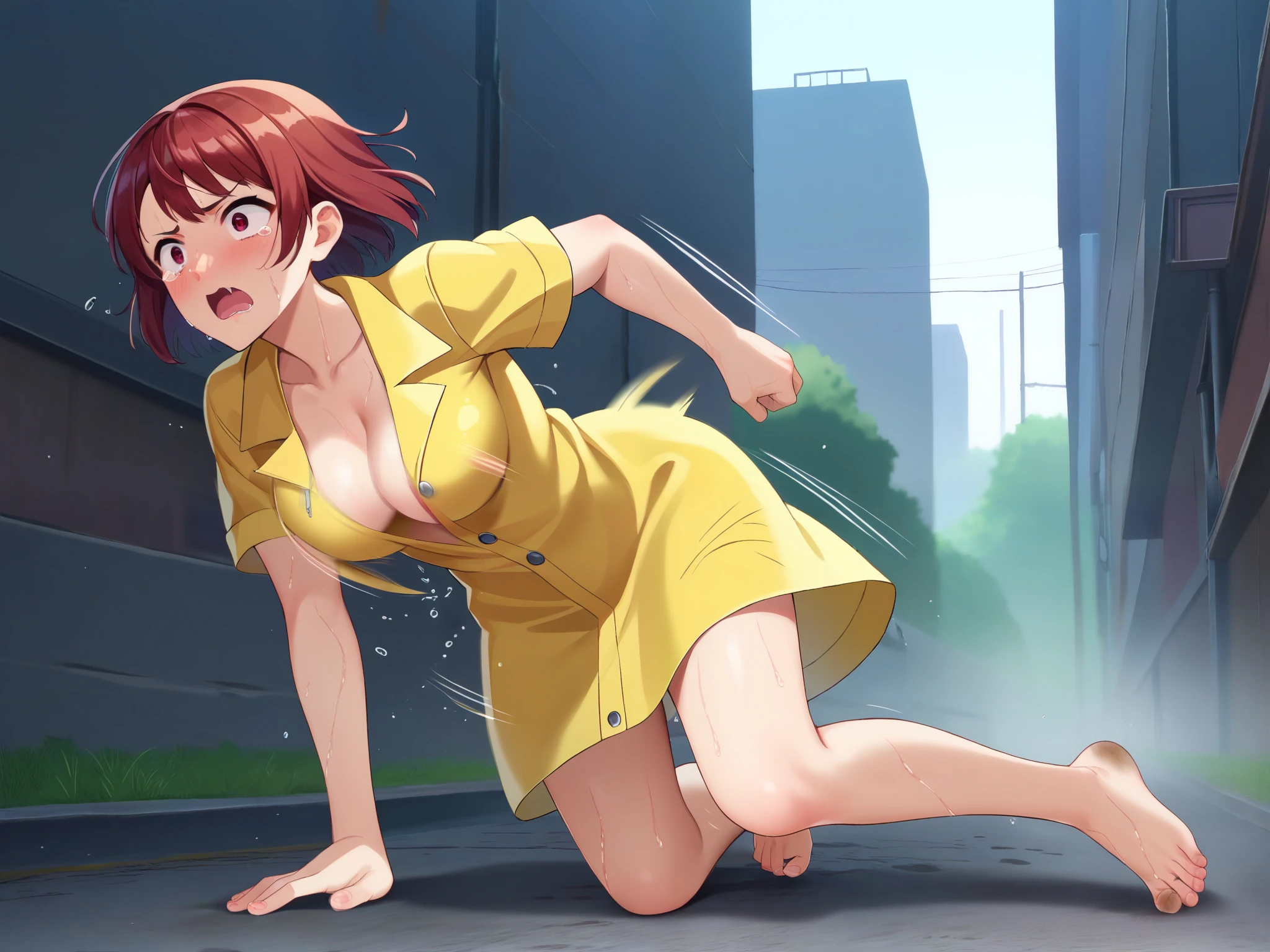 1 girl, adult girl, beautiful eyes, red eyes, Short bob haircut, (red_red hair) , (big breasts), wet, dirty feet, ((blush)), (embarrassed),(Looks),check_9, check_8_up, check_7_up, check_6_up, anime,((( naked))),destroyed street in the background, wasteland ,((runs:1.1)),(((chest bouncing in different directions:1.3))), (Scream) ,pop, ((dynamic frame at speed)) , ((whole body)), (ползет pose) ,((brown breasts)), (all skin is dirty color) ,full length)), (((wearing a yellow raincoat:1.3))) , crying