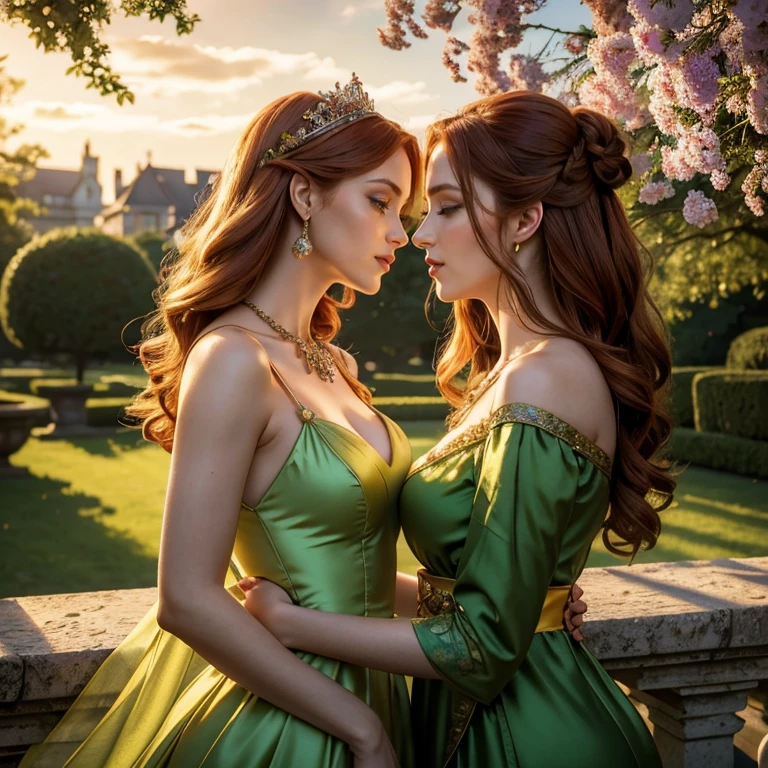 (​masterpiece, best quality:1.5), highest quality, High resolution, super detailed, Realists, Upper body photo of red-haired woman, detailed and beautiful eyes, beautiful detailed lips, very detailed eyes and face, longeyelashes, Woman in shiny green and yellow satin evening dress, Beautiful and colorful makeup, long hairstyle, elegant and noble々Pose,shiny crown and jewels, Gardens as background, soft daylight, bright colors, fine brushstrokes, Portrait style, Noble details in the dress fabric, beautiful color palette, glowing skin, First-class rendering, that captures every detail, enchanting atmosphere, subtle shadows and lights, (perfect anatomy:1.2), (Two stunning women are deeply in love:1.4), (kiss:1.2), (magnificent panorama view:1.2)