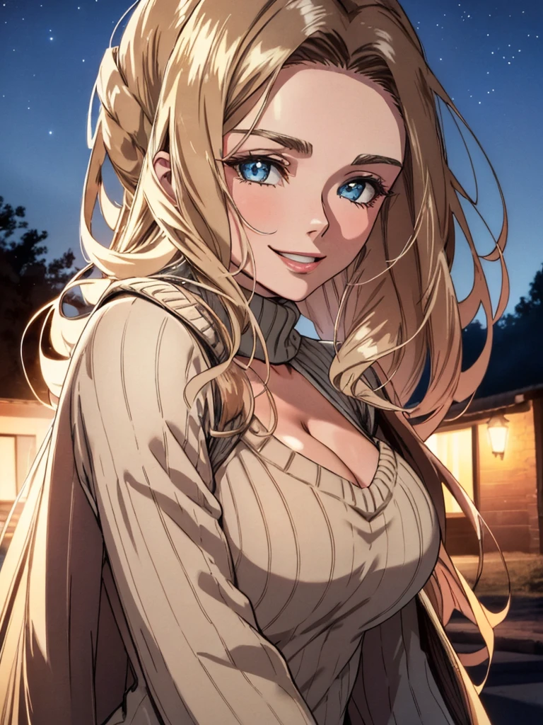 (RAW style, masterpiece, best quality, ultra-detailed), 28 years old Elizabeth Olsen posting outdoor, deep V sweater, big breast, beautiful night, cheerfully and happy, clear sky, analog style, (skin texture, film grain), cinematic light, sidelighting, ultra high res