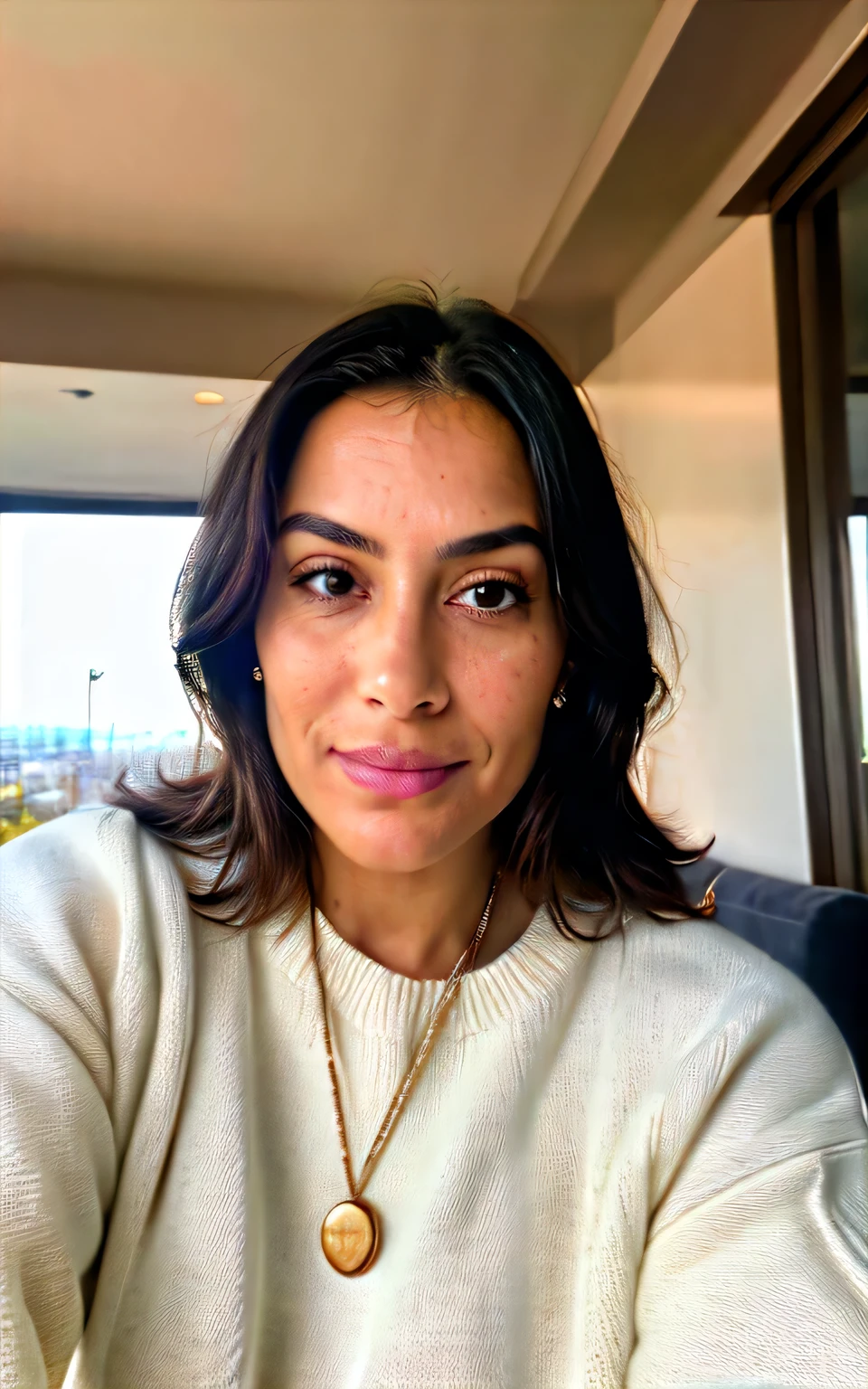 photorrealistic, sharp focus, CRU photo, amateur photo, beautiful 39 years old.oh latin-spanish girl, taking a selfie,  big sweater, detailed skin pores & Facial texture, pores, (goose bumps:0.7), dynamic pose, looking ahead at viewer, Facial Focus, taken with mobile camera, film grain