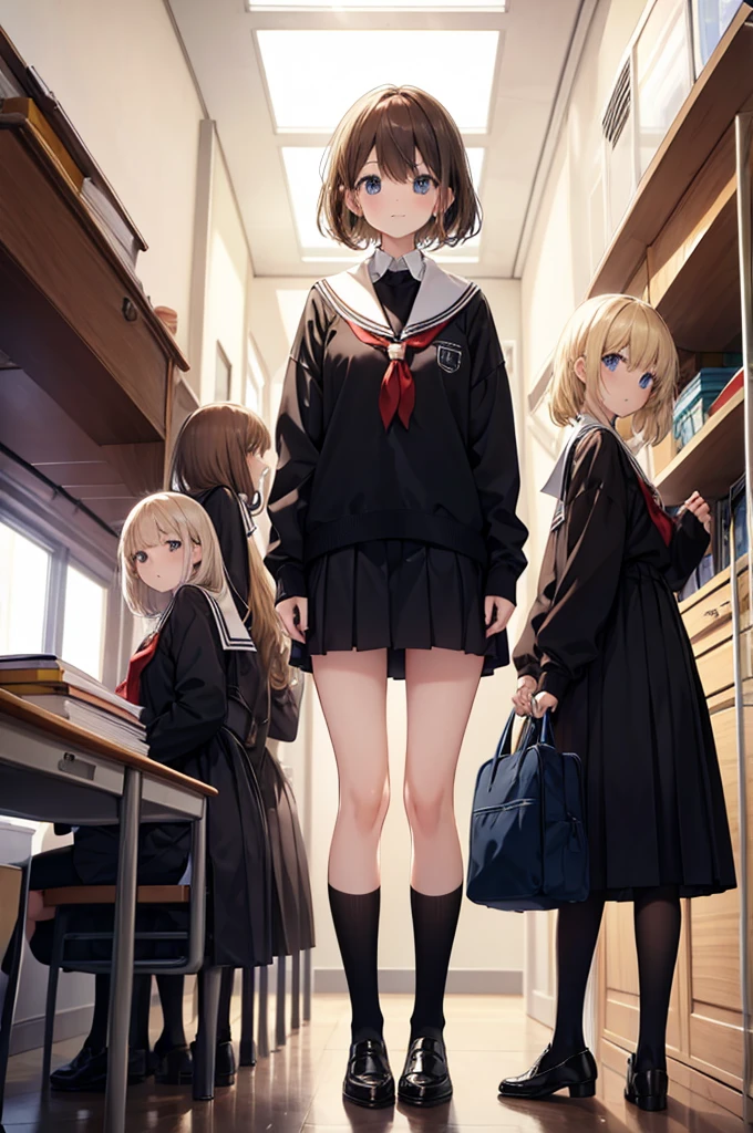 five girls, school, class, (black), blond, (brown), standing