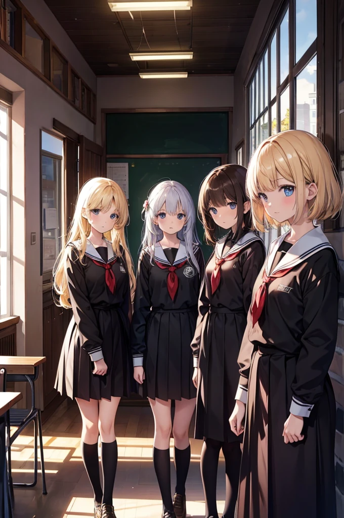 five girls, school, class, (black), blond, (brown), standing