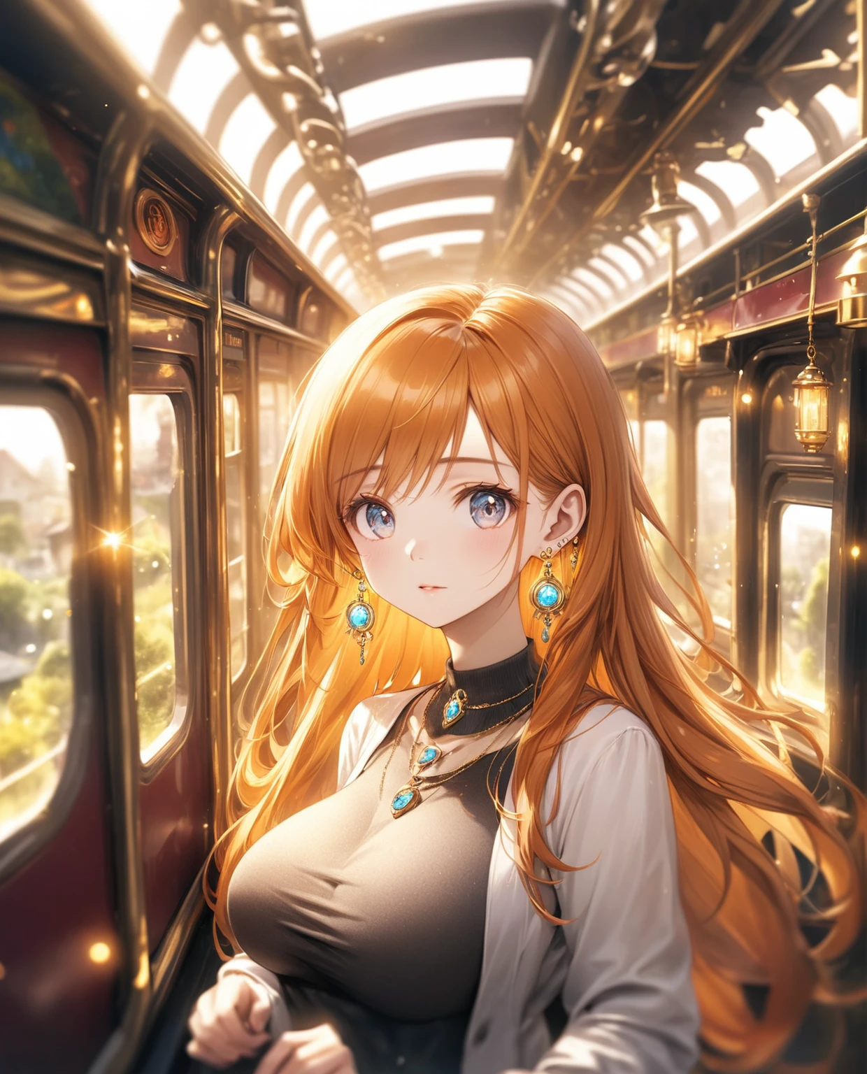 (Highest quality,8k,32K,masterpiece,Ultra-high resolution :1.2 ),born,One girl,Super cute,Natural light,Clear, shining eyes,20-year-old,Fair skin,Fantasy background of a miniature railway electronic world,The noble earrings are shining,The noble necklace shines,Orange Hair,Long Hair,Long Straight Hair,Large Breasts,Girl on a train