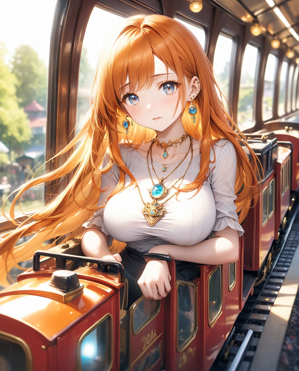 (Highest quality,8k,32K,masterpiece,Ultra-high resolution :1.2 ),born,One girl,Super cute,Natural light,Clear, shining eyes,20-year-old,Fair skin,Fantasy background of a miniature railway electronic world,The noble earrings are shining,The noble necklace shines,Orange Hair,Long Hair,Long Straight Hair,Large Breasts,Girl on a train