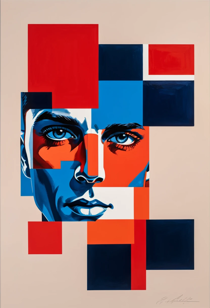 Create a contemporary portrait of a man with sharp features, using a bold and graphic style. Use vibrant, contrasting colors with a strong emphasis on red and blue hues. The background should be a neutral, pale beige or light peach color. The face should be at a slight angle, with clean lines and blocks of color to define the facial structure. Ensure the expression is intense, and the overall composition has a modern, pop-art feel. The painting should capture the interplay between light and shadow with striking contrasts. Ellsworth Kelly style