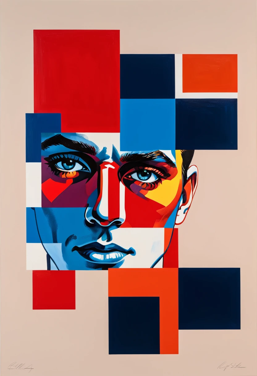 Create a contemporary portrait of a man with sharp features, using a bold and graphic style. Use vibrant, contrasting colors with a strong emphasis on red and blue hues. The background should be a neutral, pale beige or light peach color. The face should be at a slight angle, with clean lines and blocks of color to define the facial structure. Ensure the expression is intense, and the overall composition has a modern, pop-art feel. The painting should capture the interplay between light and shadow with striking contrasts. Ellsworth Kelly style