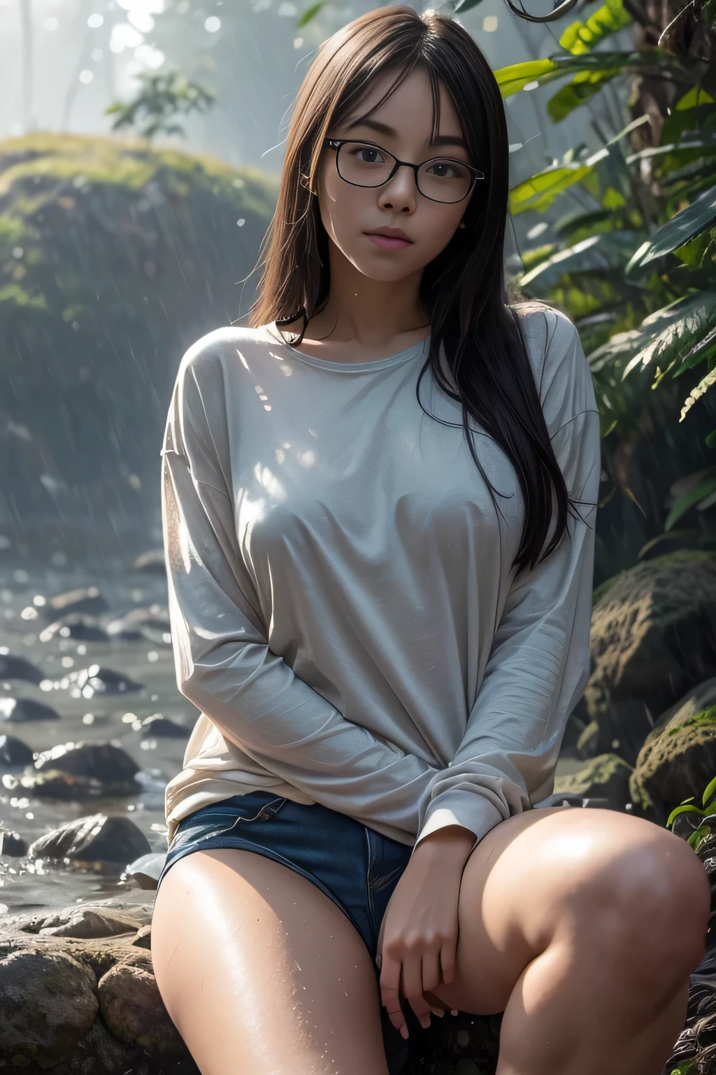 photorrealistic, (close up:1.3, exposed face), wide angle, (viewed from below), a young Japanese woman wearing wet and dirty clothes (longsleeve (t - shirt:1.2), oversized t - shirt, hot pants), a beautiful hyper-realistic girl with grayish blue eyes and glasses, natural sagging of the breasts, high detailed official artwork, beautiful girls with slender body and busty posture, flowing messy hair, Legs long, attractive young woman, (sitting with bent leg poses:1.3, crossed arm holds chest up), Freezing, on the wet trail (foggy jungle:1.2), natural background, rainy daytime, dubnitskiy david fanart, true-to-life portrayal, suave photorrealistic, perfect look of a beautiful girl, beautiful girls with soft and tender face, Facial Focus, makoto shinkai and artgerm, photon mapping, naturallight, warm color tones, bright coloured, cool ambient, hazy atmosphere