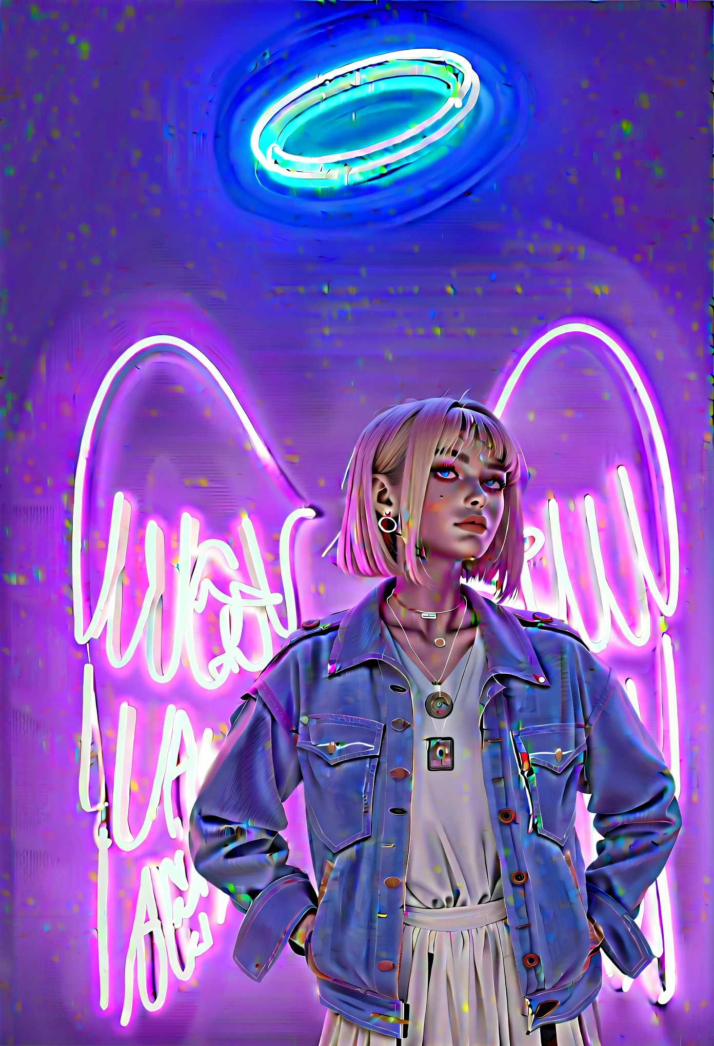 arafed woman in a white dress and denim jacket standing in front of a neon angel, neon wings, with neon lights, with neon signs, neon lights in background, neon lights in the background, girl with angel wings, wearing angel halo, with neon lighting, neon signs in background, wearing angel, angel halo, tron angel, neon lights all around, neon lit