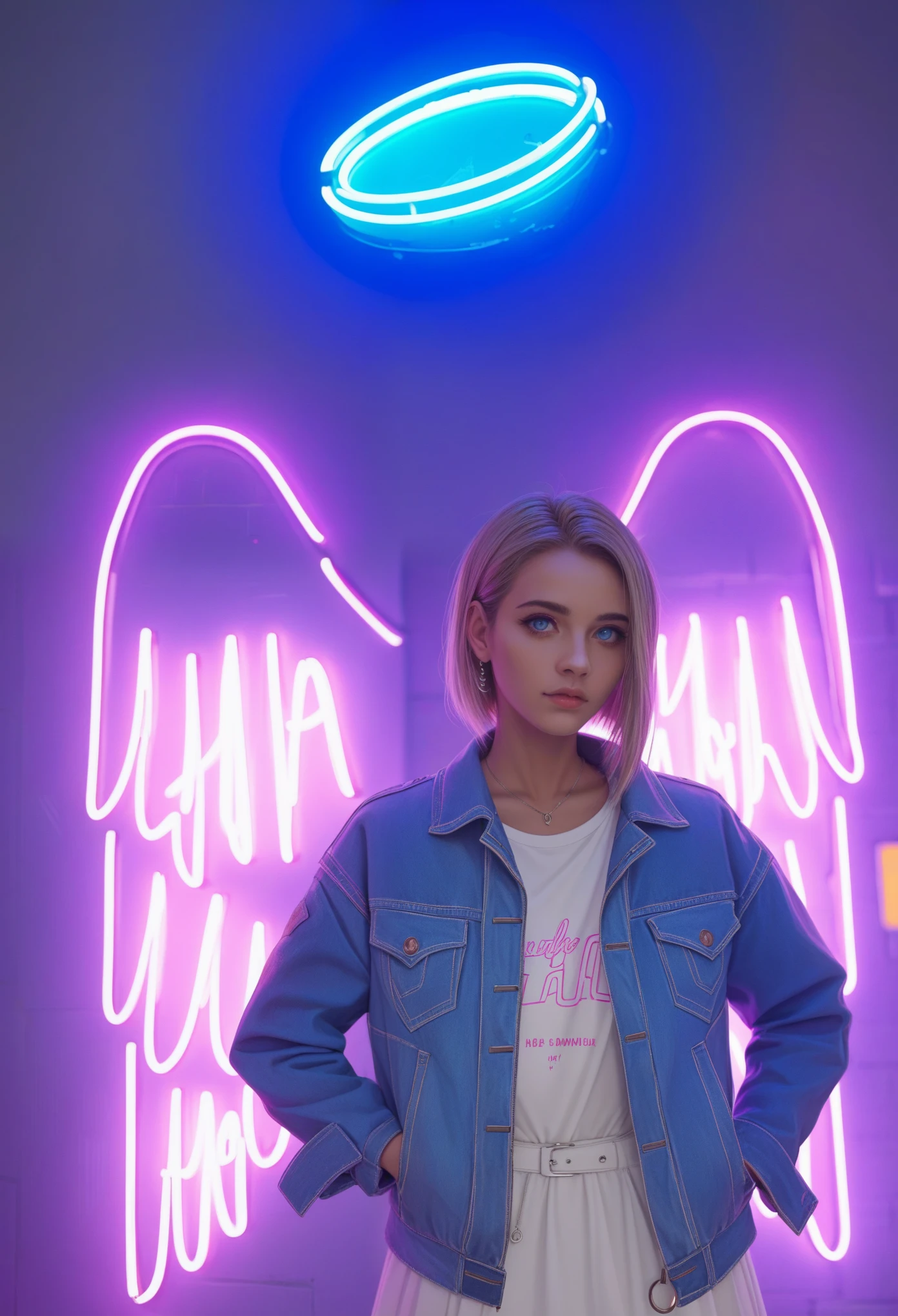 arafed woman in a white dress and denim jacket standing in front of a neon angel, neon wings, with neon lights, with neon signs, neon lights in background, neon lights in the background, girl with angel wings, wearing angel halo, with neon lighting, neon signs in background, wearing angel, angel halo, tron angel, neon lights all around, neon lit