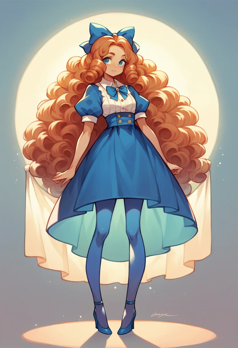 , very long puffy curly hair, head bow, very tiny miniskirt, blue pantyhose, high heels, sun shiny day