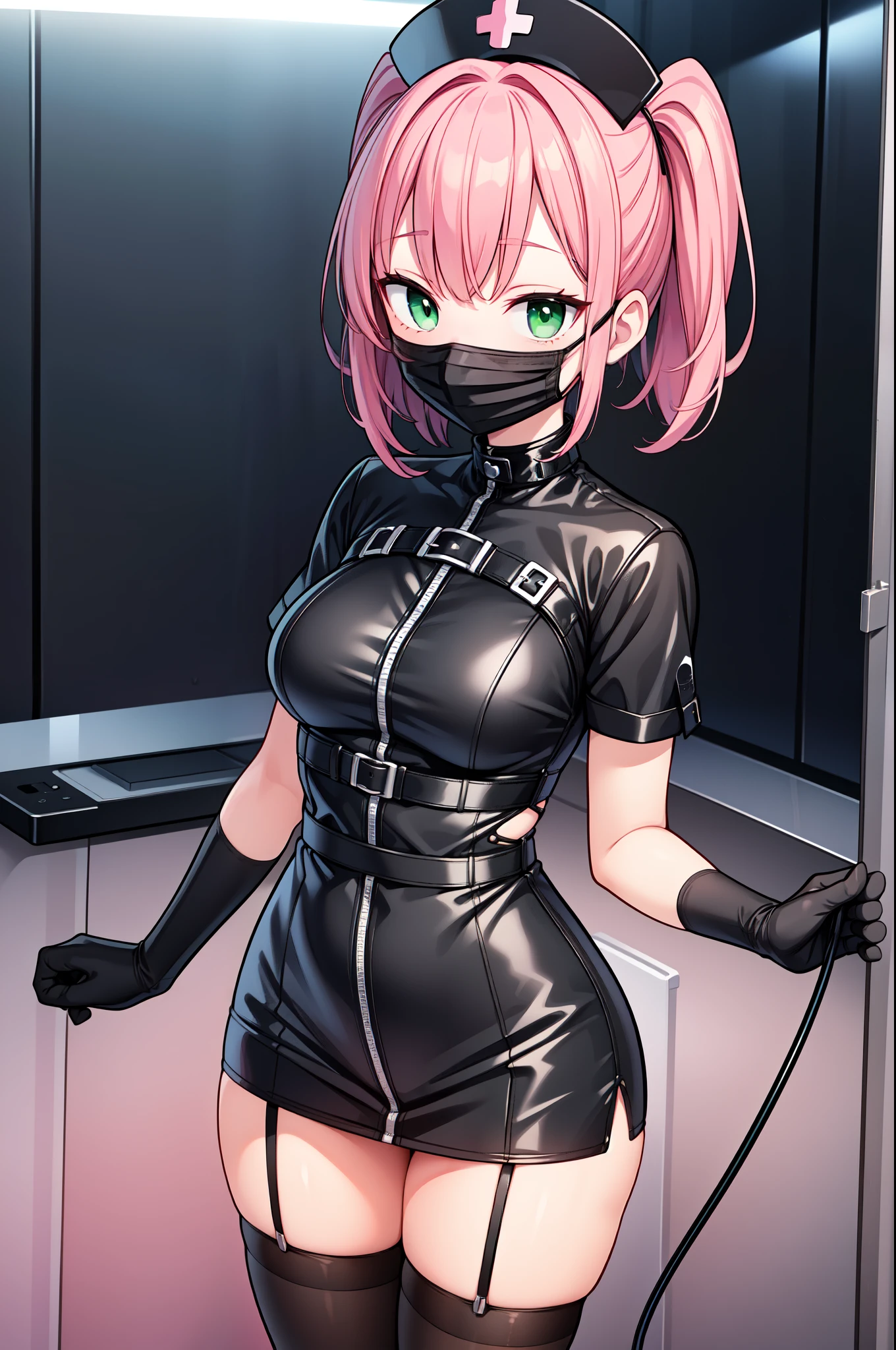 black nurse, 1woman, solo, black nurse cap, black nurse uniform, ((black legwear, zettai ryouiki)), black elbow gloves, pink hair, green eyes, drooping eyes, ((black surgical mask, covered nose)), standing, ((surgery room)), sharp outline, short sleeves, mature female, 32 years old, best quality, masterpiece