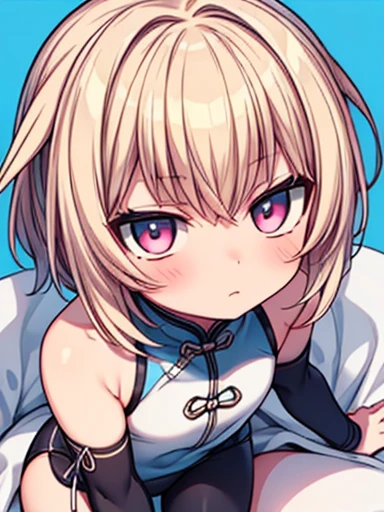 Wuxia,{{{BOY}}}, otokonoko, adorable face, shota, male, white skin, pink eyes, thicc thighs, short beautiful blonde hair,wearing a very long white chinese dress with blue pattern, black leggings, close up,blue background