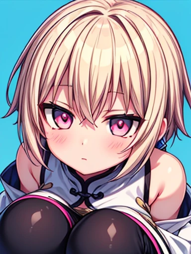 Wuxia,{{{BOY}}}, otokonoko, adorable face, shota, male, white skin, pink eyes, thicc thighs, short beautiful blonde hair,wearing a very long white chinese dress with blue pattern, black leggings, close up,blue background