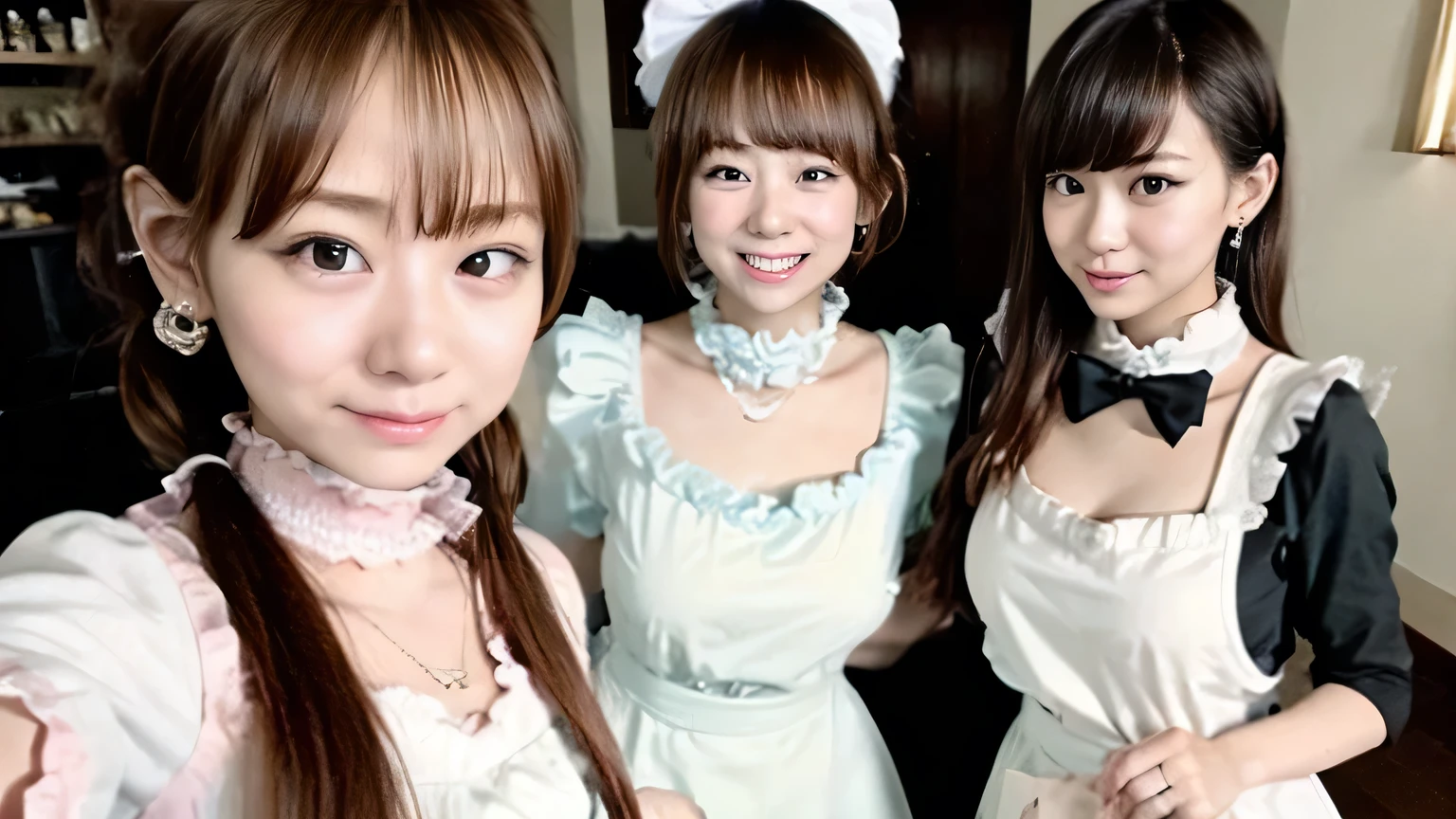 (Japanese Cafe、maid Cafe、(Three girls standing side by side)、Three girls dressed as maids、17-year-old girls)、(Realistic、Like a photograph、Live Action、8k, Realistic, RAW Photos, Best image quality: 1.4), Single-lens reflex camera、RAW Photos, Highest quality, Realistic, Highly detailed CG Unity 8k wallpaper, Written boundary depth, Cinematic Light, Lens flare, Ray Tracing, Realistic background、(Wearing maid uniform:1.2、Clerk's clothes、(high waist jumper skirt)、Cafe Staff Uniform:1.4、Cafe uniform、Wear clothes that accentuate your bust size:1.3、Apron over skirt:1.5)、Big Breasts、(Carrying coffee)、Medium Hair、Tie your hair with a hair clip、Working in a cafe:1.4、((ultra high density skin))、 1 female,Cute Japan Married Woman、Waitress at work、(whole body:1.5)，Looking at the audience:1.1、Upward glance、Business Smile、Pay attention to the details、Perfect outfit、Earrings、(White skin)、Accurate Arm、Accurate legs、Anatomically correct body、Accurate fingering、View from the front