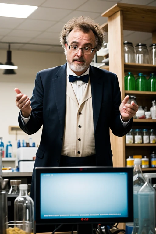 Mad scientist in his lab. Pintar estilo: "impressionismo", com cores vibrantes bem definidas em 8K.