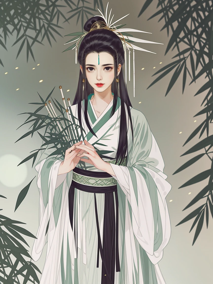 A close-up of a woman, in a bamboo forest, long black hair, ponytail, green headdress, carrying a lantern, bamboo leaves falling, hazy smoke, green Hanfu,wuguanzhong