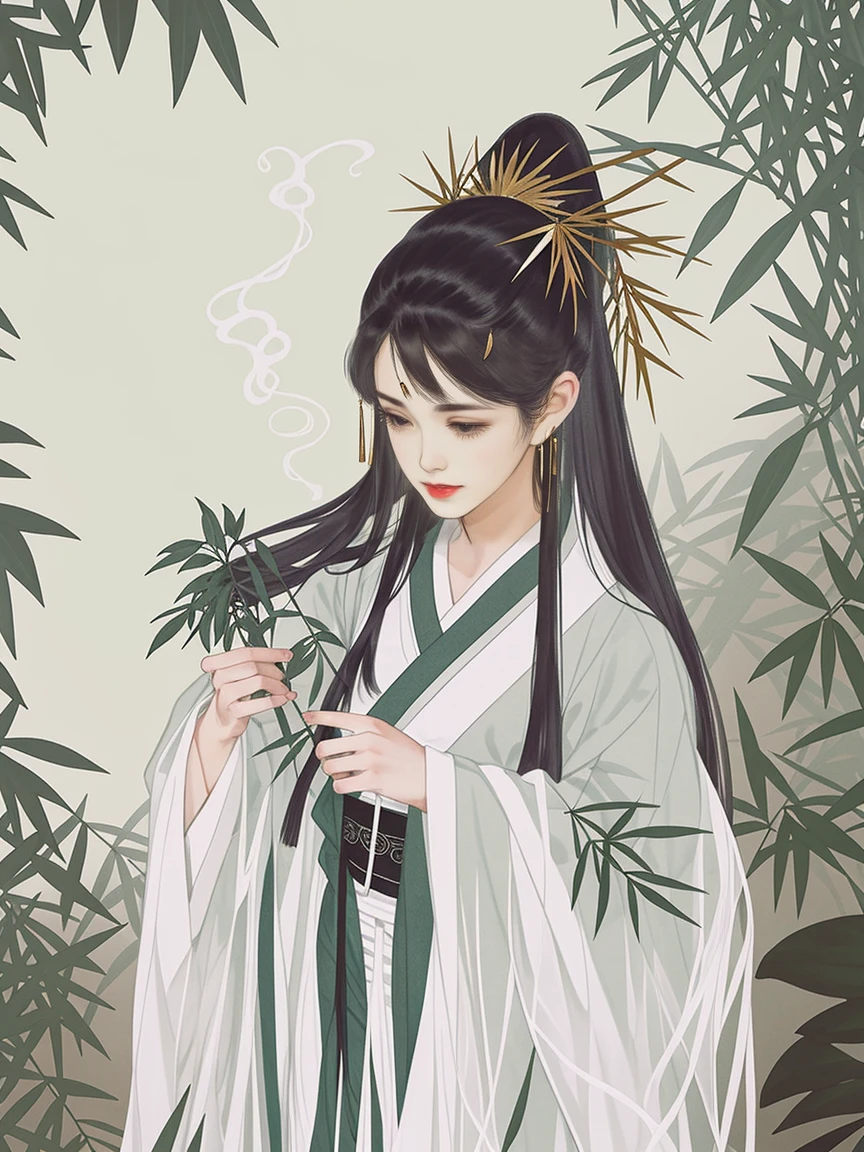 A close-up of a woman, in a bamboo forest, long black hair, ponytail, green headdress, carrying a lantern, bamboo leaves falling, hazy smoke, green Hanfu,wuguanzhong